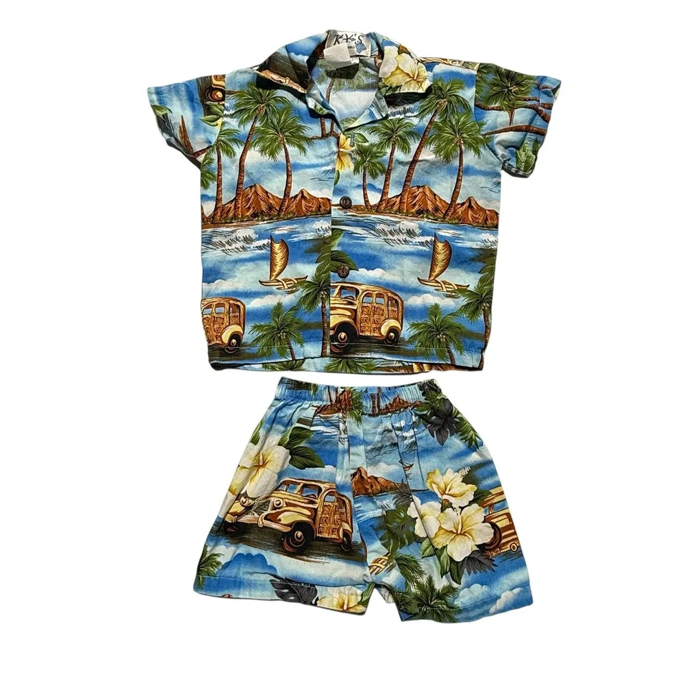 Vintage KY'S Hawaii Kids Hawaiian Shirt and Shorts Set Blue Woody Car Y2K 1
